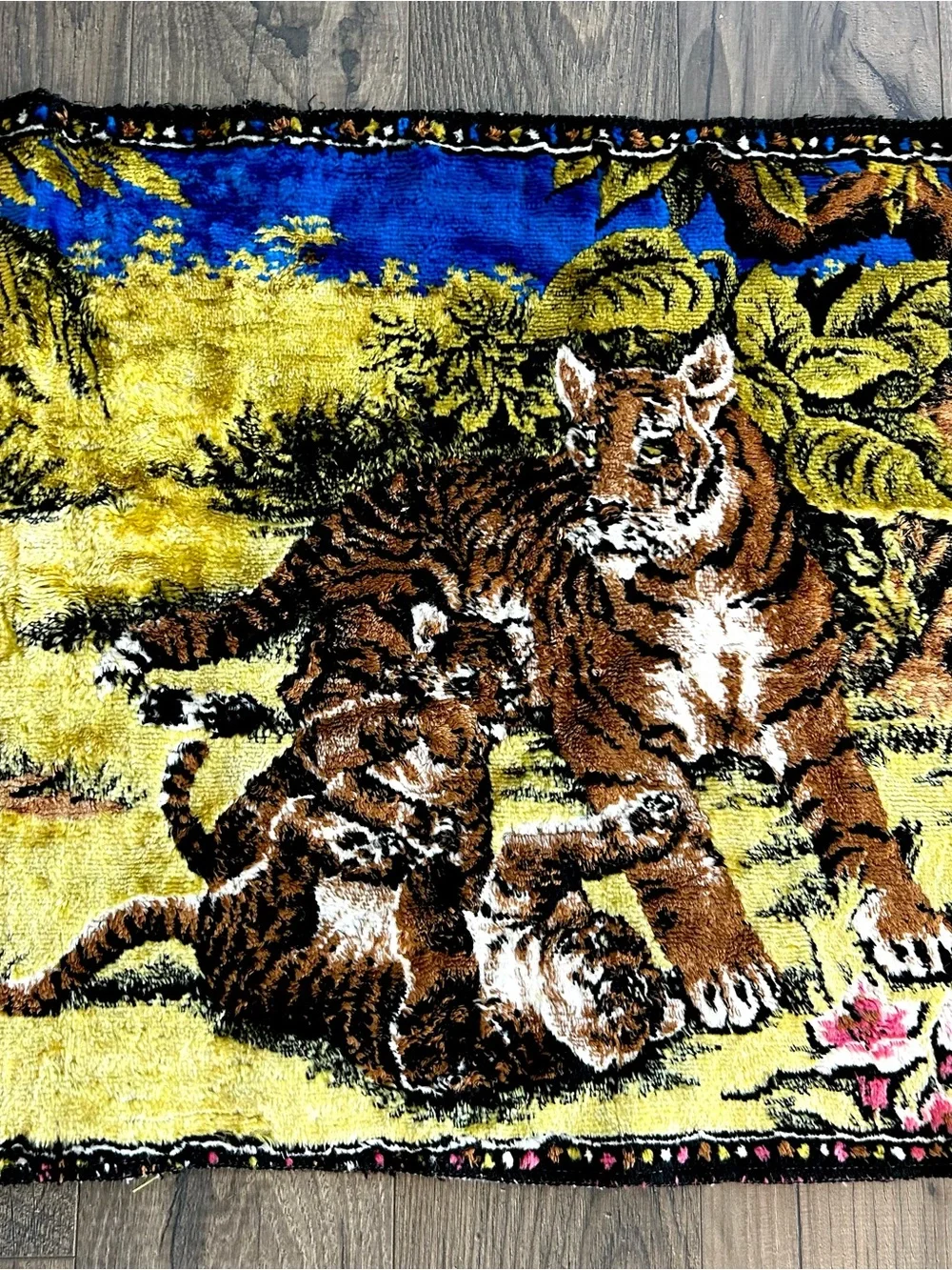 VTG Tiger Family Tapestry 1970s  Woven Velveteen Wall Hanging 36.5x19 Lebanon